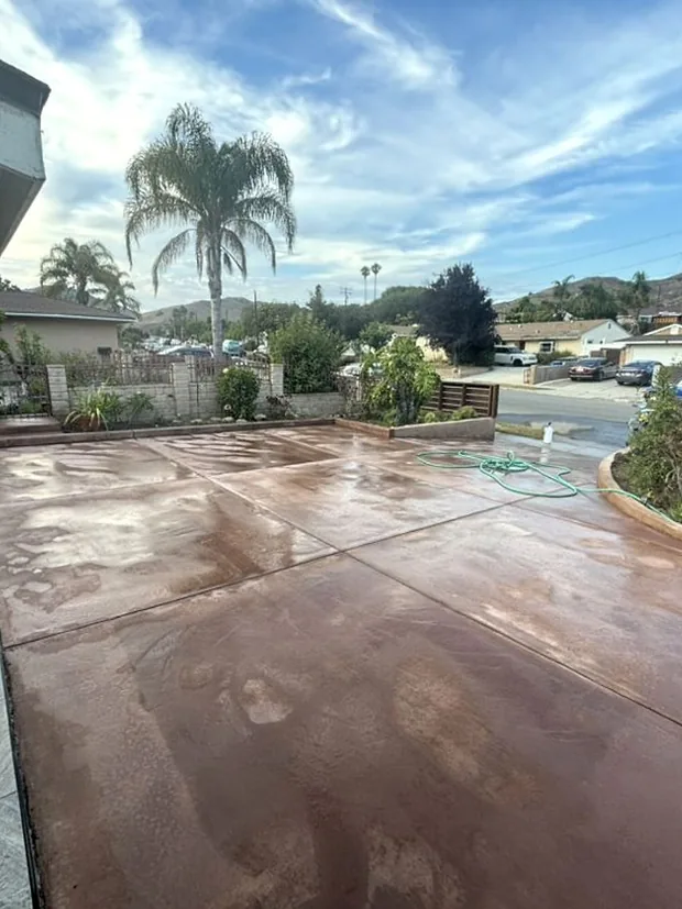A coloured and sealed driveway at dusk with palms and the coastal range behind